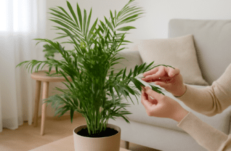 A person showing how to care for a palm tree indoor